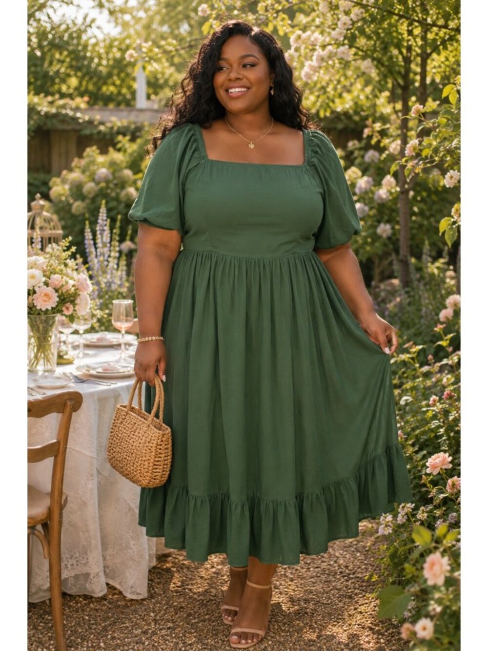 Jessakae Collection Green Cottagecore Puff Sleeve Midi Dress XL Rayon Cotton